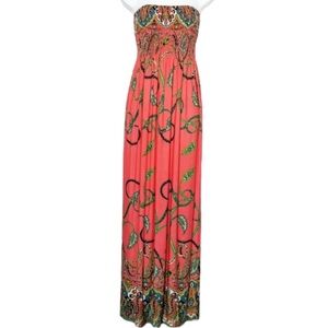Lilypad Strapless Smocked Floral Paisley Maxi Dress Bohemian, Orange, Size Small